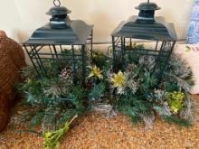 Pair of Metal Faux Lanterns with Lights and Greenery