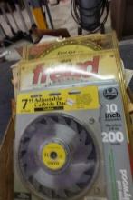 BOX MOSTLY NEW 7 AND 10 INCH SAW BLADES MANY TYPES