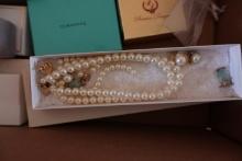 BOX INCLUDING COSTUME JEWELRY CHAMILIA ADD A BEADS AND SPIRO AGNEW WATCH AN