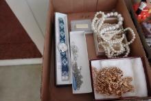 BOX LOT COSTUME JEWELRY INCLUDING NECKLACE WATCHES AND MORE