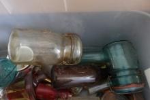 BOX LOT ANTIQUE MASON JARS MILK BOTTLES WHISKEY FLASKS CRANBERRY GLASS AND