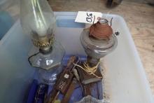 BOX LOT PRESS AND CUT GLASS ANTIQUE OIL LAMPS SPECTACLES