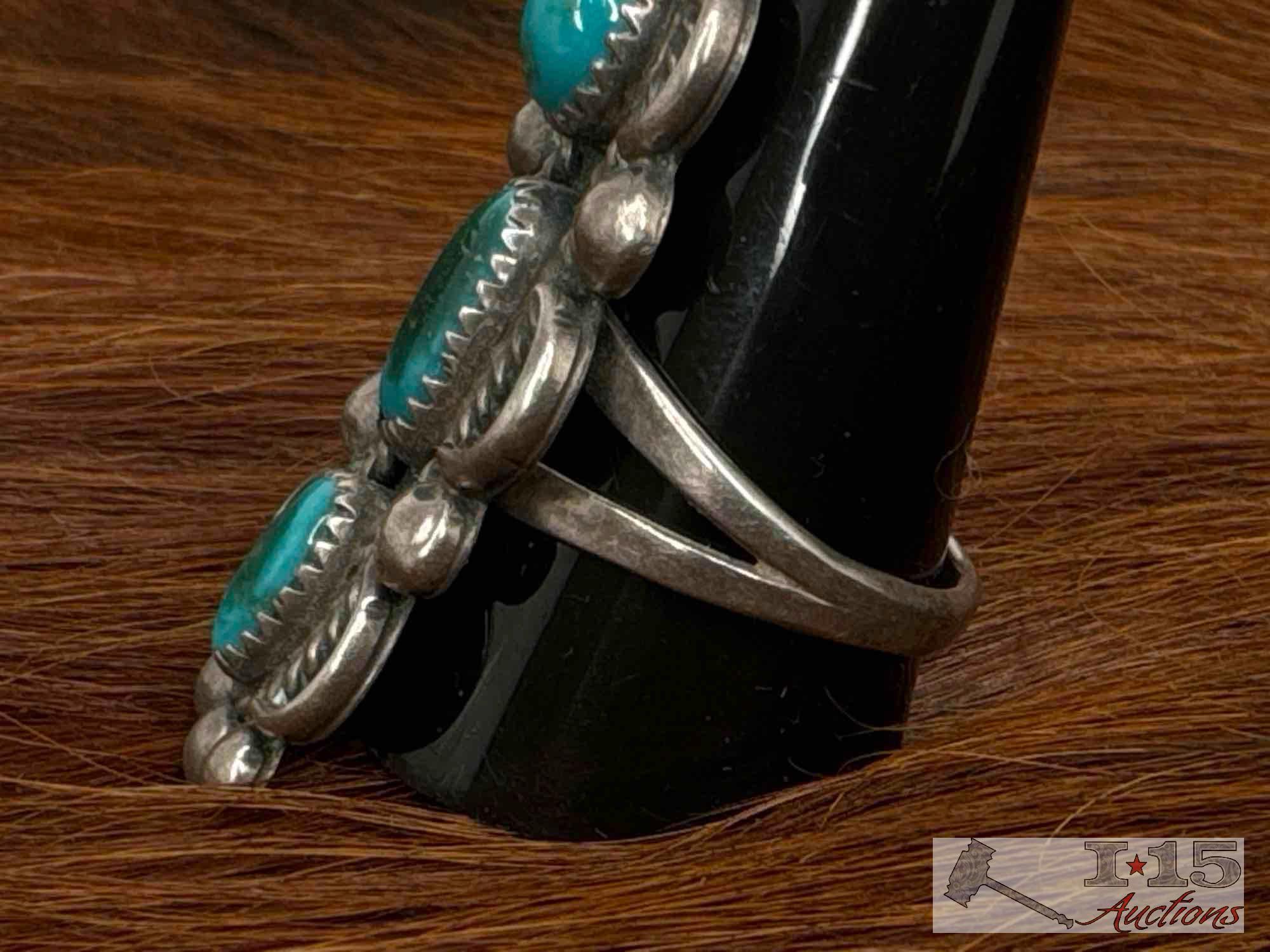 Native American Sterling Silver Ring with 3 Turquoise Stones, 12.24g