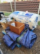 Group of Dearbron Brass Faucets, (1) Blue Tarp, (1) Wooden Box, Group of Pipe Fittings, Plus