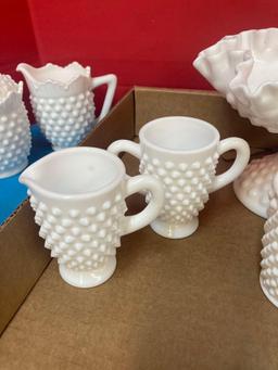 Fenton milk glass salt and pepper, compote, sugar and creamer, cups