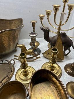 large collection of brass items buckets animals candlesticks etc.