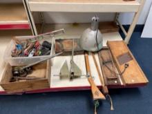 Tools, vintage television and radio, service kit, slaw boards, vintage light, and more