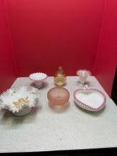Pink and white glassware Including ruffled Fenton