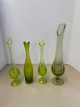 Four green stretch vases, 2 could be Vaseline glass