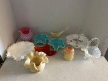 ruffled glassware, basket, plates, vases, Hobnail crystal rim, and Fenton painted bird and shoe