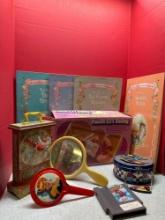 Fisherprice Musical ticktock clock, Hush Lil Baby, vintage hand mirror, large book kid stories