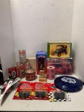 NASCAR items, Larry Nance, bobble head, old Steelers beer cans, tobacco and Coffee tins