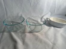 2 Pyrex Glass Mixing Bowls / 1 Ceramic Gravy Dish