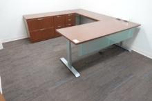 OFFICE COMBO W/ADJUSTABLE HEIGHT DESK, KEYBOARD TABLE, CREDENZA & DRY ERASE BOARD