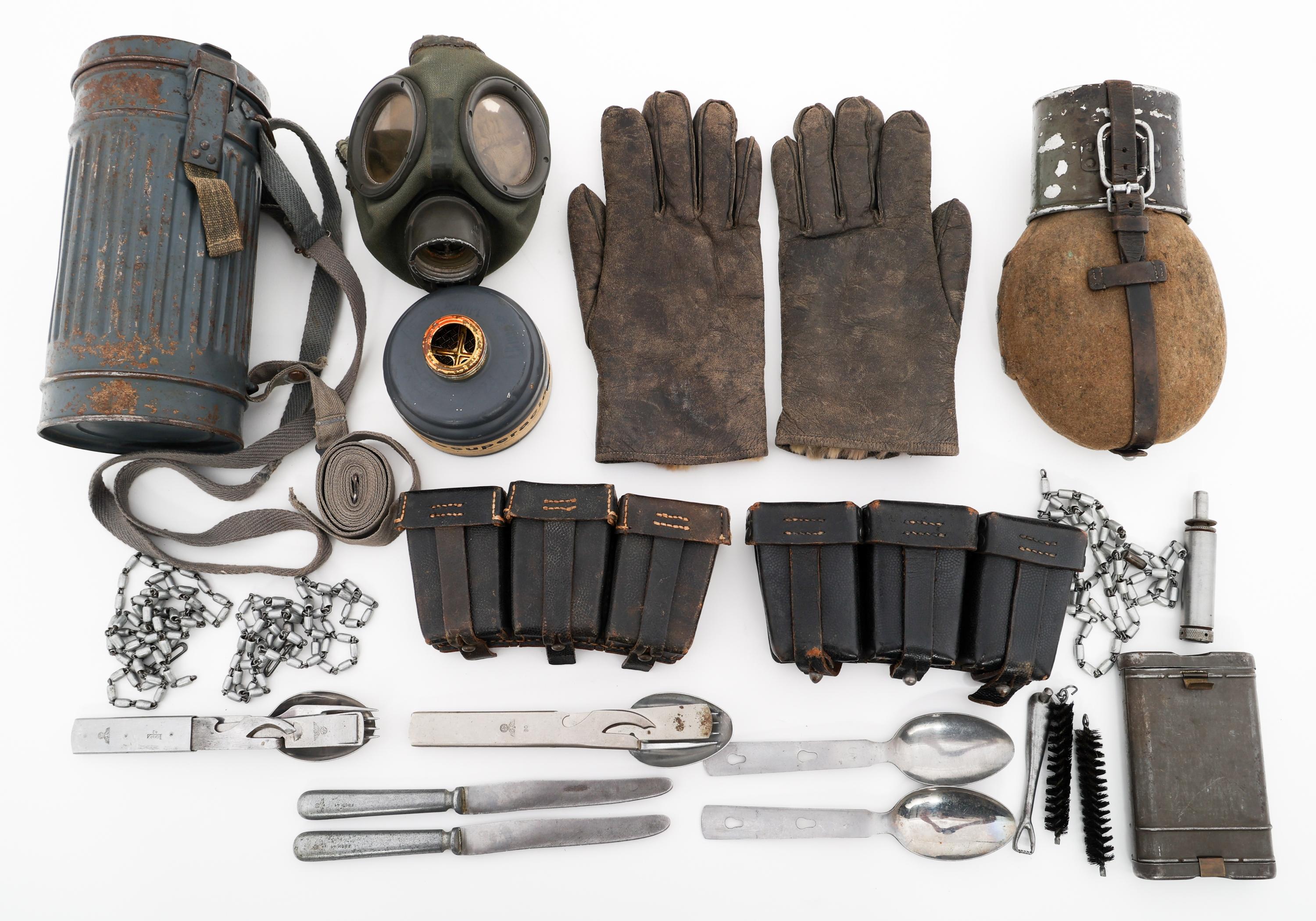 WWII GERMAN FIELD GEAR, GLOVES, & GAS MASK