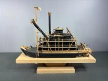 Assembled Model Paddle Boat Mounted on Base Signed by Builder