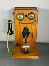 Antique Kellogg Wood Case Telephone with New Electronic Touch Tone Telephone Works Inside