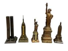 Vintage Group of New York City Historic Sites Brass Statues Some With Thermometers and Eiffel Tower
