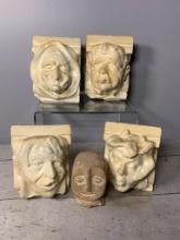 Chalk Face Wall Hangings & Carved Stone Head Statue