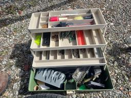 Archery items, tacklebox, tires, golf bag caddy