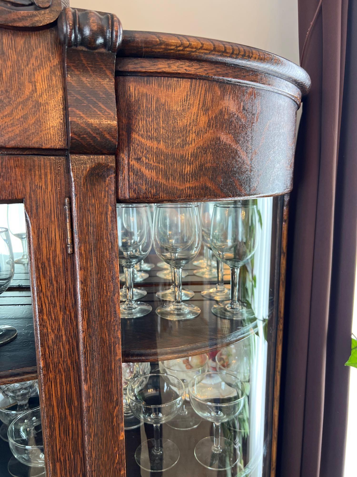 Vintage Oak Curved Glass Front China Cabinet