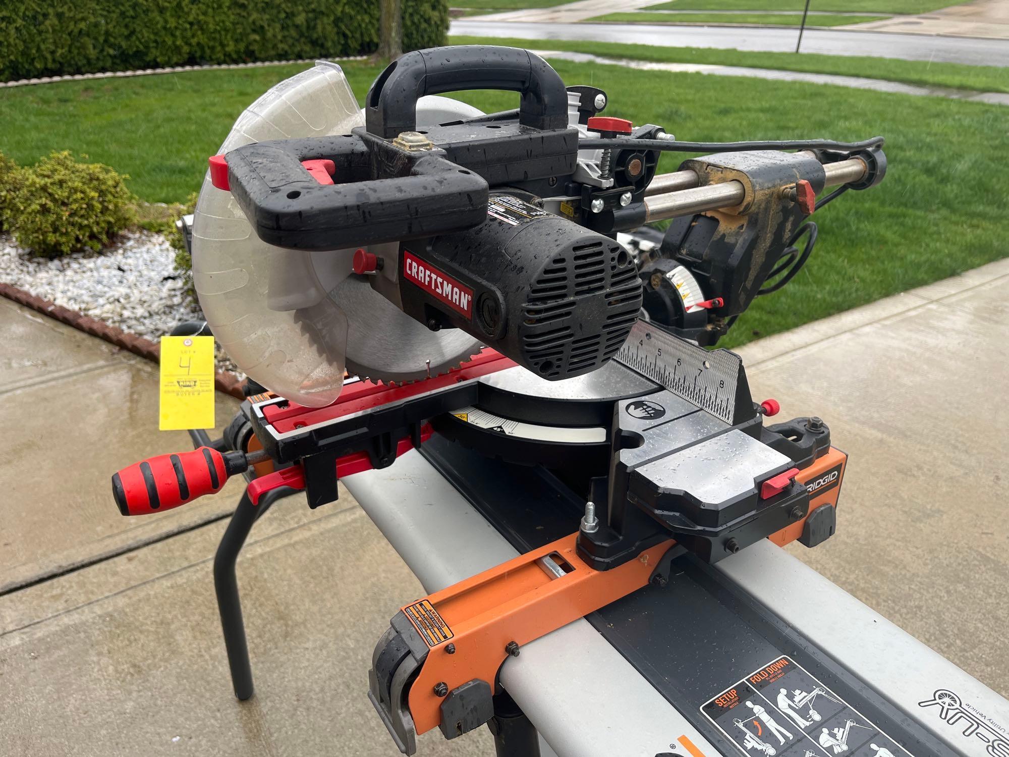 Craftsman 10in Compound Miter Saw with Laser Trac and Ridgid MS UV Miter Saw Utility Vehicle
