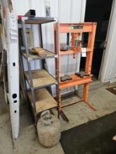 (Item off site - 1/4 mile from Auction Barn) 20 Ton Hydraulic Shop Press, Metal Shelf, & Propane
