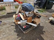 (Item off site - 1/4 mile from Auction Barn) Pallet of Sprays, Rolls, Lights, Cement Items, & more