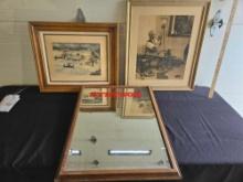 Stetson Beveled Glass Mirror & Two Framed Pictures