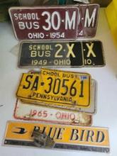 Vintage school bus license plates, 40s, 50s, 60s blue bird plate and buckle