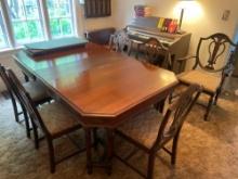 extension dining room table, heavy legs, turn spindle, heavy legs, (6) chairs, one captain chair