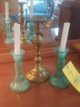 Twisted Glass Candleholders, Small Oriental Vase Lamp, & Brass Candleholder