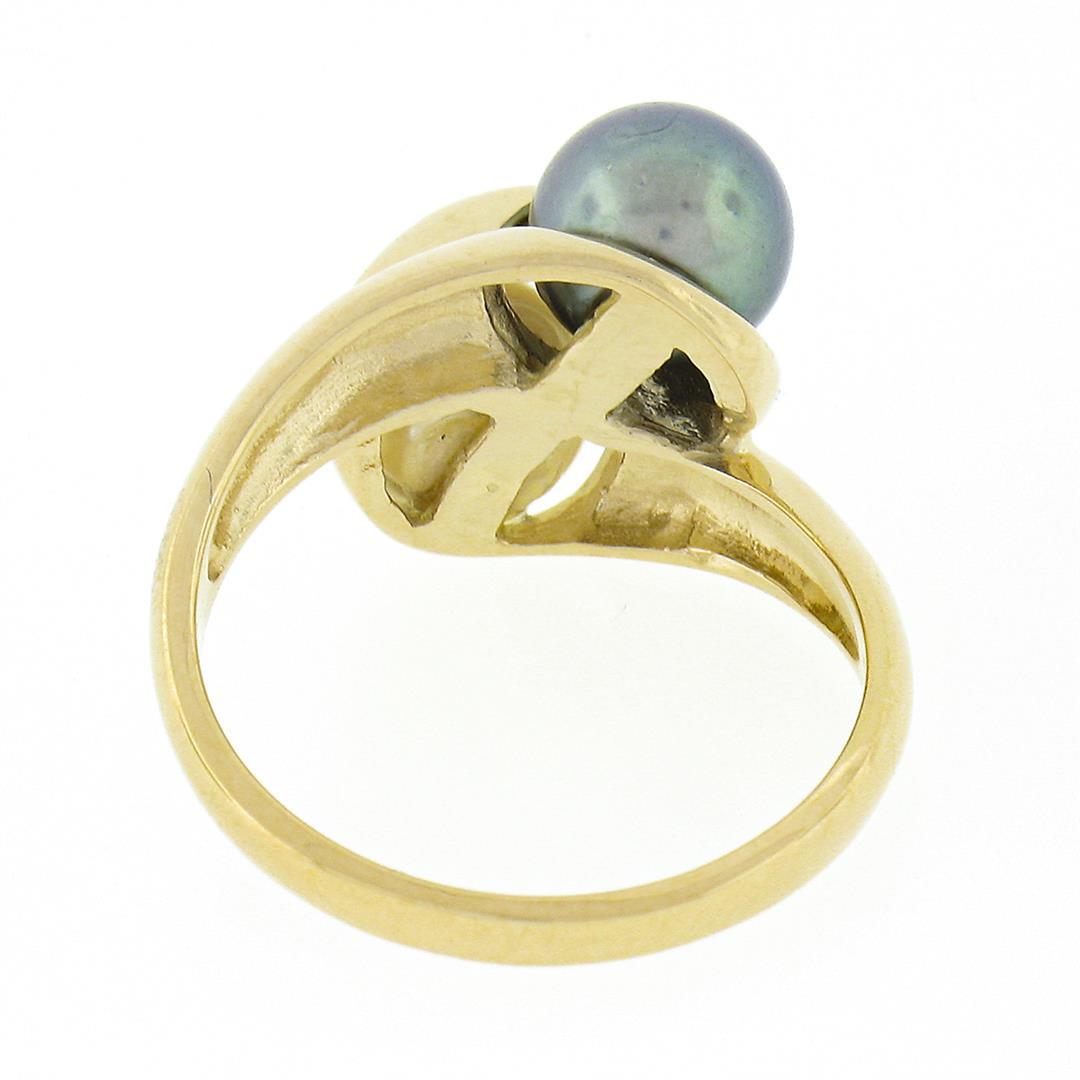 Classic Solid 14K Gold 6.9mm Gray & White Dual Pearl Polished Finish Bypass Ring