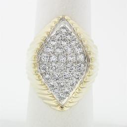 Vintage 14k Gold 1.20 ctw Pave Round Diamond Scalloped Sides Large Cocktail Ring