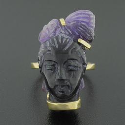 Vintage 14k Gold Carved Amethyst 3D Lady Face Head Cameo Ring Open Work Setting