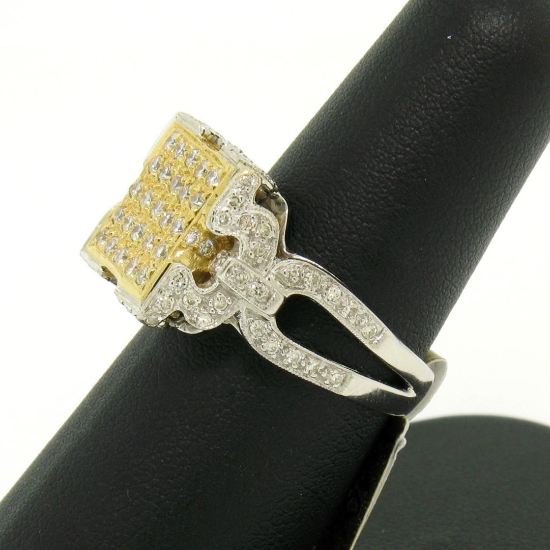 18k Two Tone Solid Gold 1.10 ctw Round Pave Diamond Square Cocktail Ring