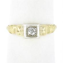 Antique 14k TT Gold 0.10 ctw Old Mine Cut Diamond Solitaire Petite Promise Ring