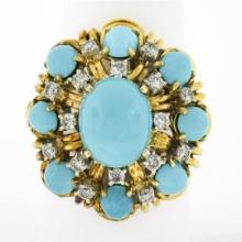 Vintage 14k Gold 0.52 ctw Cabochon Turquoise & Diamond Handmade Wire Work Ring