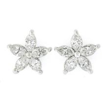 NEW Platinum 1.04 ctw Marquise Cut Prong Diamond Cluster Flower Stud Earrings