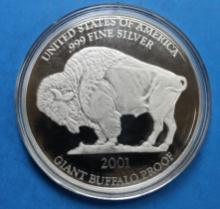 One Troy Oz .999 Pure Silver Bullion 2001 Giant Buffalo Proof Coin
