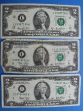 Lot of 3 - 2003 Federal Reserve Bank Note Two Dollar Bills $2