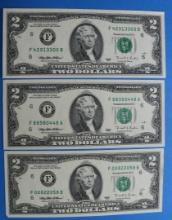 Lot of 3 - 1995 Federal Reserve Bank Note Two Dollar Bills $2