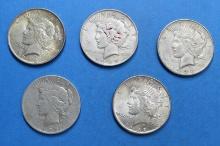 Lot of 5 1922-1923 Silver Peace Dollars