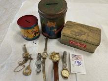 Two vintage banks and cigarette tin with contents Mickey and Minnie Mouse watches