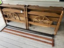 (2) wagon wheel antique single beds and steel rails