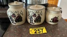 SET OF 3-HOME GARDEN PARTY STONEWARE CANISTERS