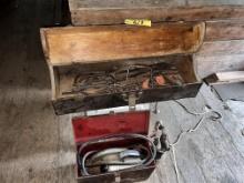 LOT: VINTAGE WOODEN TOOL BOX & ASSORTED DRILLS, PLANER, MISC.