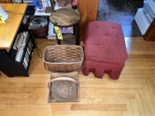 LOT: 12" ROUND SIDE TABLE W/ LOWER SHELF, ASSORTED LINENS, UPHOLSTERED OTTOMAN