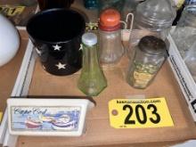 LOT: 6-PC ASSORTED VINTAGE GLASS WARE & SPICE CONTAINERS