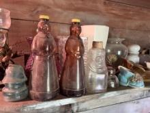 REMAINING CONTENTS OF ROOM: MRS. BUTTERSWORTH BOTTLES, 2-INSULATORS, GRAPETTE CLOWN BOTTLE